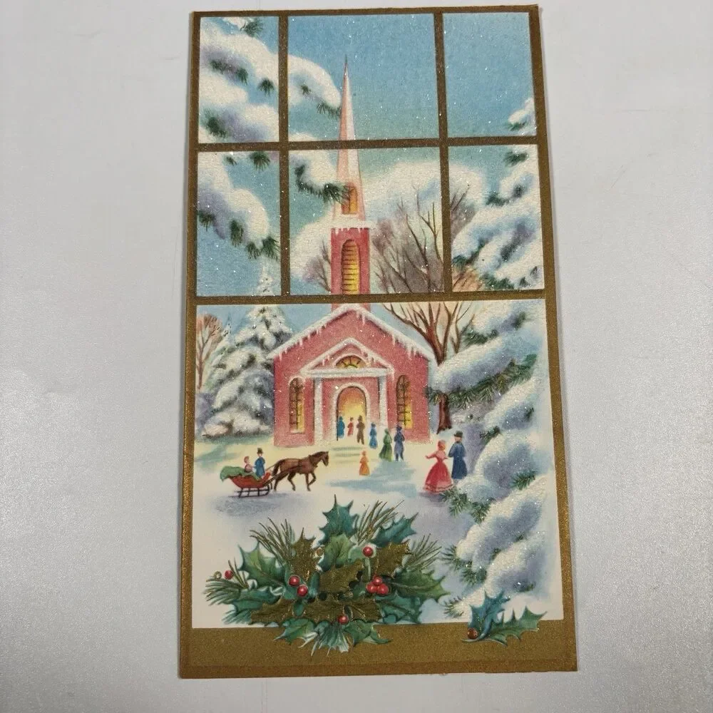 Vintage Glitter Christmas Card Church Famous Artists Studios w/ Letter Envelope